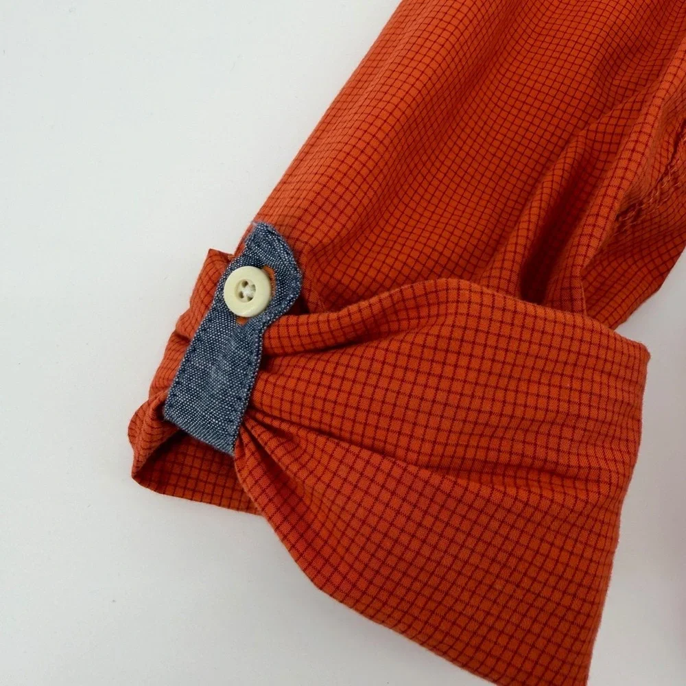 Gap Kids Cotton Button Front Shirt Boys Size M 8 9 Orange Check Roll Tab Sleeve